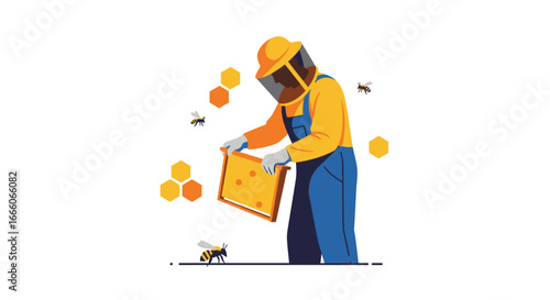 Beekeeper in Protective Gear Inspecting Honeycomb Frame