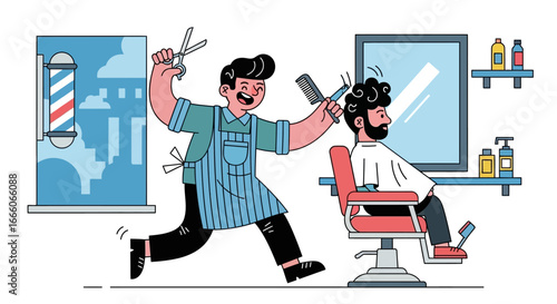Barber Cutting Hair with Scissors and Comb in a Barbershop Scene