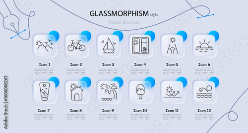 Travel and outdoor set icon. Mountains with birds, bicycle, sailboat, window with sun, path with sun, sea sunrise, sunscreen tube, house with sun, palm beach, ice cream, upward arrow with sun, swimmer