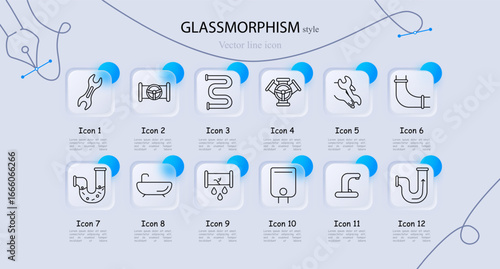 Plumbing service set icon. Includes wrench, faucet, pipe, valve, bathtub, drain, and boiler with fluid or water-related components in thin glassmorphism line style