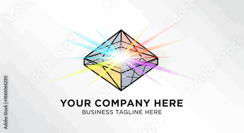 Bright glowing geometric diamond shape with colorful light bursts, abstract vector graphic design