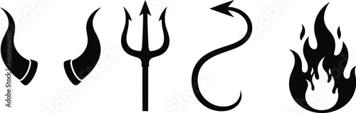 Devil horns, trident, tail, and flame icons for a spooky or evil theme