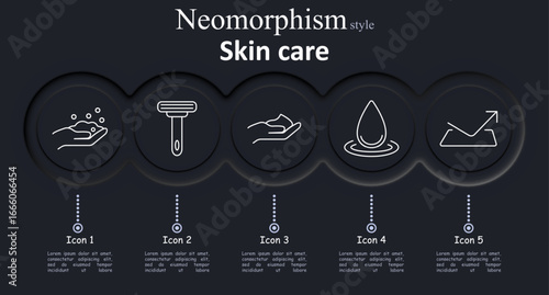 Skin care set icon. Hand washing, razor tool, hand with cream, water droplet, upward trend chart line on skin surface in minimal neomorphism design