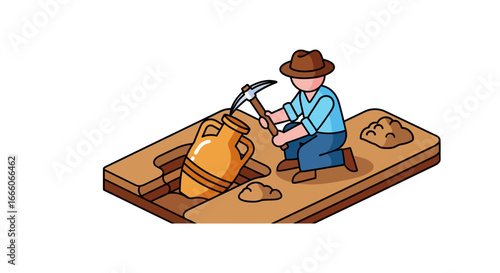 Cartoon archaeologist in hat digging ancient orange amphora with pickaxe in excavation trench.