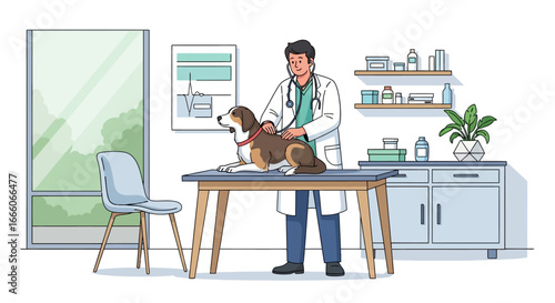 Caring male veterinarian in a white coat examining a calm brown and white dog with a stethoscope on a table.