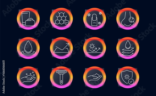 Skincare and beauty set icon. Outlined visuals of cream, droplet, razor, sunscreen, hand, pore, hexagon, glow, smoothness inside glowing gradient circles on dark background.