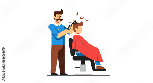 Cartoon barber with mustache cutting client's hair in chair, flat vector illustration