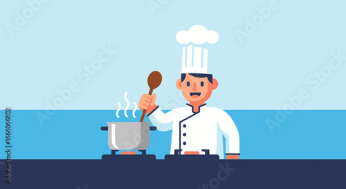 Cartoon Chef Stirring Pot with Wooden Spoon in Kitchen