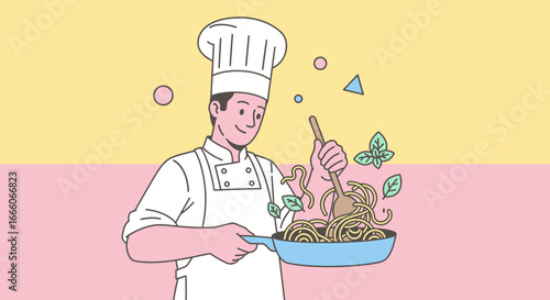 Cartoon Chef Stirring Pasta in a Pan with Wooden Spoon