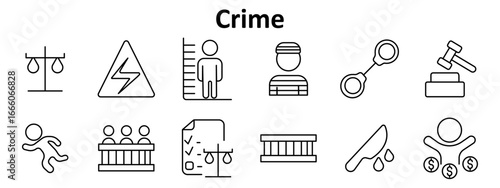 Crime set icon. Scale, gavel, inmate, handcuffs, knife, jury, court, law, danger, suspect, prison, dead body, document, money, measurement.