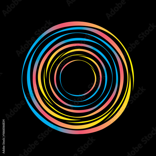 Vector background of rotating elliptical 3D shapes, consisting of a pattern of squares and wavy lines with colorful gradations.	
