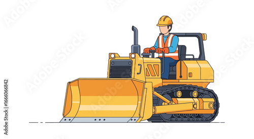 Cartoon Construction Worker Operating Heavy Yellow Bulldozer with Safety Gear