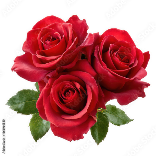 Three perfect red roses with green leaves isolated on transparent background