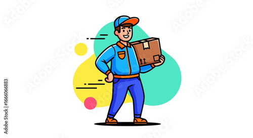Cartoon Delivery Man Holding Cardboard Box with Arrows