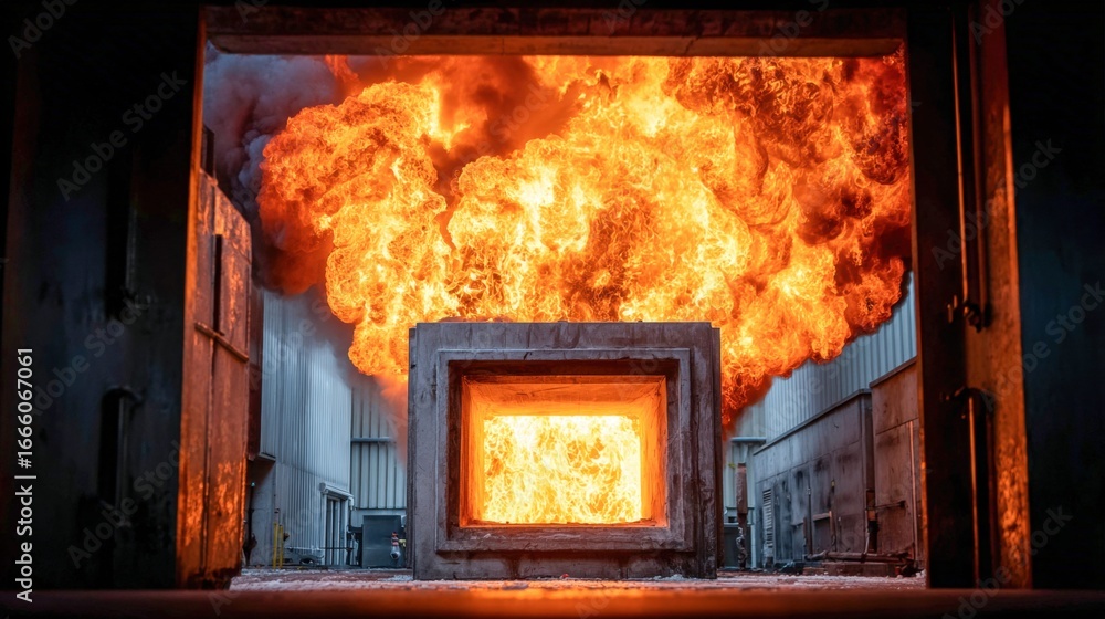 Obraz premium A fiery explosion erupts from a concrete structure, showcasing intense power and destruction.