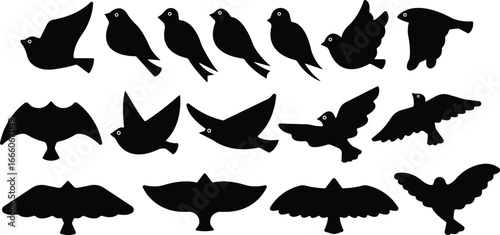 Art & IllustrationBird icon set.Set of black bird silhouettes. Vector elements for design.Minimalist Bird Illustration,Icon, and Clipart on White Background.Vectorial illustrations of various bird.