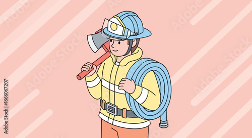 Cartoon Firefighter with Axe and Hose, Ready for Action