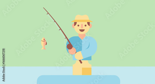 Cartoon Fisherman Holding Fishing Rod with Smiling Face and Fish