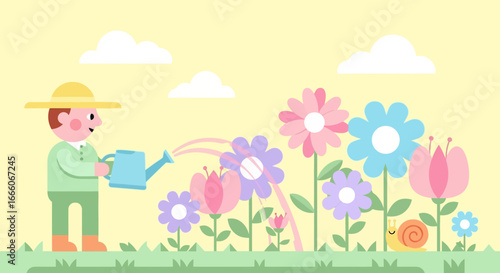 Cartoon Gardener Watering Colorful Flowers with a Blue Watering Can