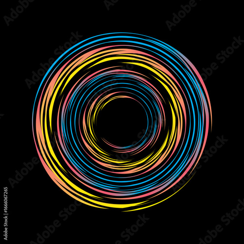 Vector background of rotating elliptical 3D shapes, consisting of a pattern of squares and wavy lines with colorful gradations.	
