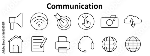 Communication set icon. Megaphone, wireless, target, tap, camera, cloud, house, document, printer, headset, network, globe outlined in black on white with grid layout.