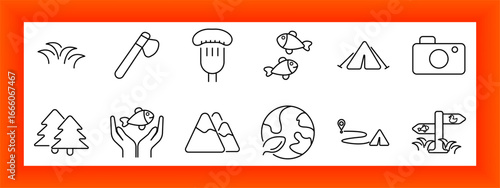 Camping and outdoor set icon. Grass, axe, mushroom, fish, tent, camera, trees, mountain, earth, route, signpost in minimalist nature line design
