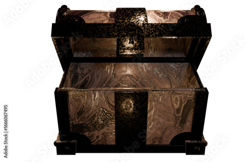 Halloween spooky treasure chest, dark mysterious box with creepy atmosphere, empty open chest for horror fantasy design, isolated on transparent background.