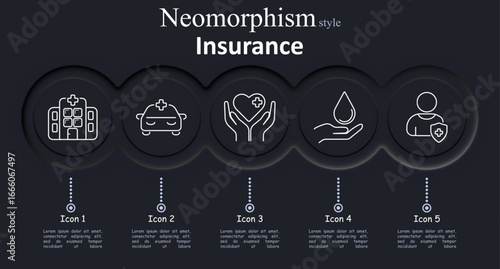 Insurance set icon. Hospital building, emergency vehicle, hands holding heart, palm with droplet, person with shield outline in white on dark neumorphic circular background.