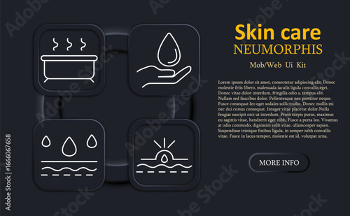 Skin care set icon. Hot tub, water drop on hand, liquid surface, sun with droplet in neumorphic outline style for wellness, hydration, cleansing or spa UI interface