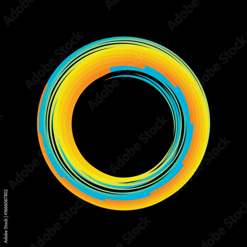 Vector background of rotating elliptical 3D shapes, consisting of a pattern of squares and wavy lines with colorful gradations.	

