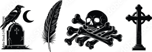 Mysterious gothic elements featuring a raven, skull, cross, and feather evoking dark fantasy themes
