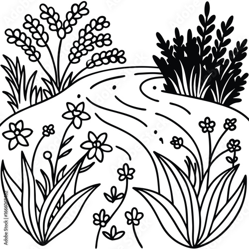 Flowing river meandering through lush floral bank of river coloring page vector art design