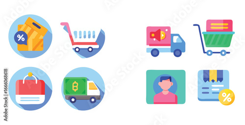Modern e commerce shopping icon set in flat illustration logotype vector art design