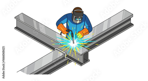 Cartoon Welder in Blue Suit and Orange Gloves Welding Steel I-Beams with Bright Sparks