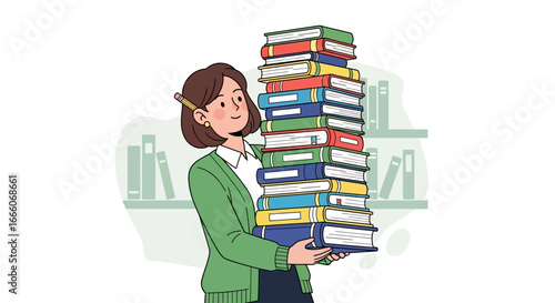 Cartoon Woman Holding a Stack of Colorful Books with Pencil in Hair