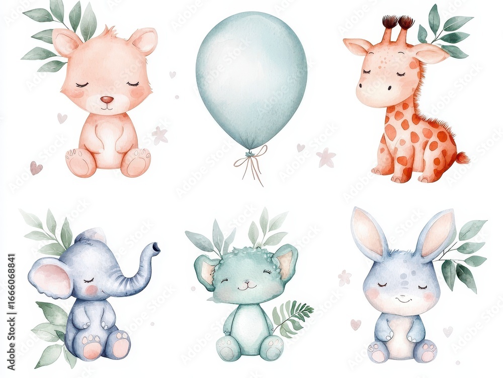 Obraz premium Cute baby air balloon birthday party nursery watercolor fox elephant bunny crocodile giraffe bear rabbit animal isolated illustration for children baby shower. Tropical jungle nursery