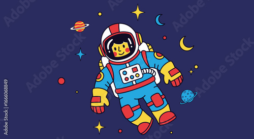 Cheerful Cartoon Astronaut Floating Amidst Colorful Space Objects
