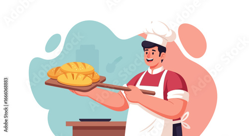 Cheerful cartoon baker holding a wooden peel with freshly baked golden bread loaves, wearing a chef's hat and apron.