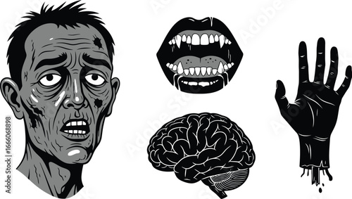 Ghoulish zombie elements including a decaying face, fangs, brain, and severed hand