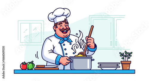 Cheerful cartoon chef with a big mustache stirring a steaming pot with a wooden spoon.