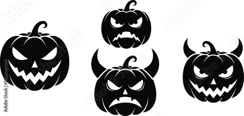 Scary Halloween pumpkins with fierce expressions and devil horns create a spooky atmosphere for celebrations.