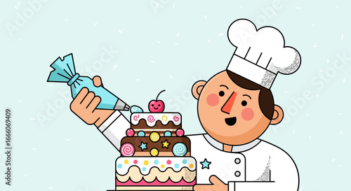 Cheerful Chef Decorating a Multi-Tiered Cake with Piping Bag