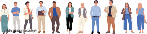 Diverse young professionals vector illustration, standing casual business attire, modern employees in office setting, inclusive workplace team