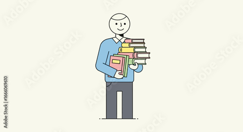Cheerful person holding a stack of colorful books, cartoon style