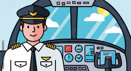 Cheerful Pilot in Uniform Standing in Airplane Cockpit