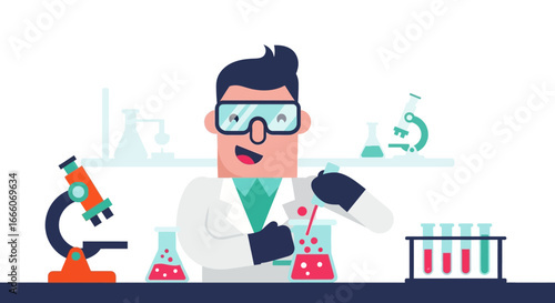 Cheerful scientist in lab coat conducting experiment with beakers and microscope