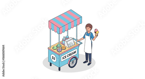 Cheerful vendor serving colorful ice cream cones from a striped canopy cart