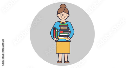 Cheerful Woman with Stack of Colorful Books in Flat Design Style