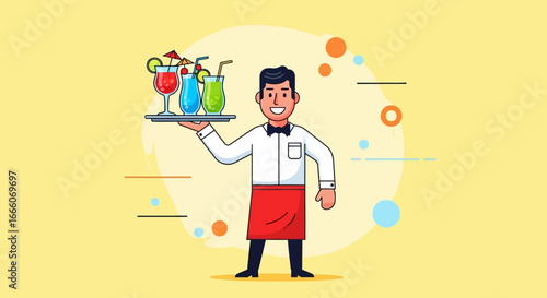 Cheerful Waiter Serving Colorful Tropical Cocktails on a Tray