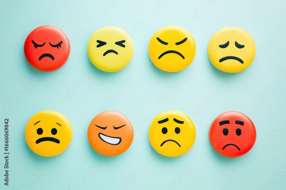 Fototapeta premium Positive thinking in mental health with various emotions represented by expressive faces, Emotion of mind, positive, angry, sad, happy, feelings, psychology, brain, Illustration of different emotions
